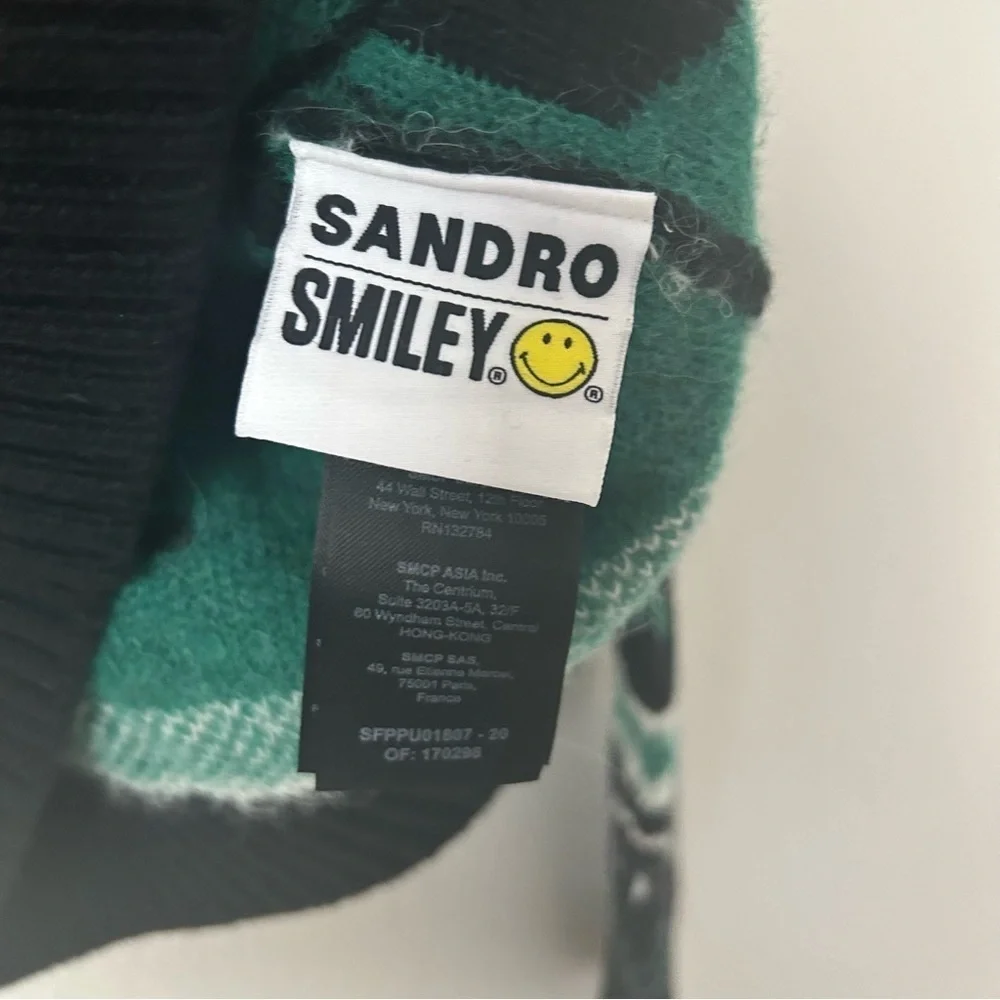 NWT Sandro Green & Black Wool Smiley Intarsia Sweater